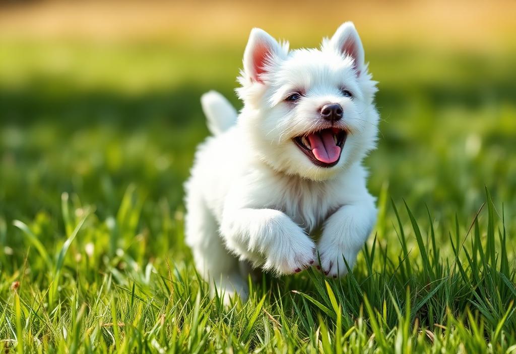 Small white puppy running on grass